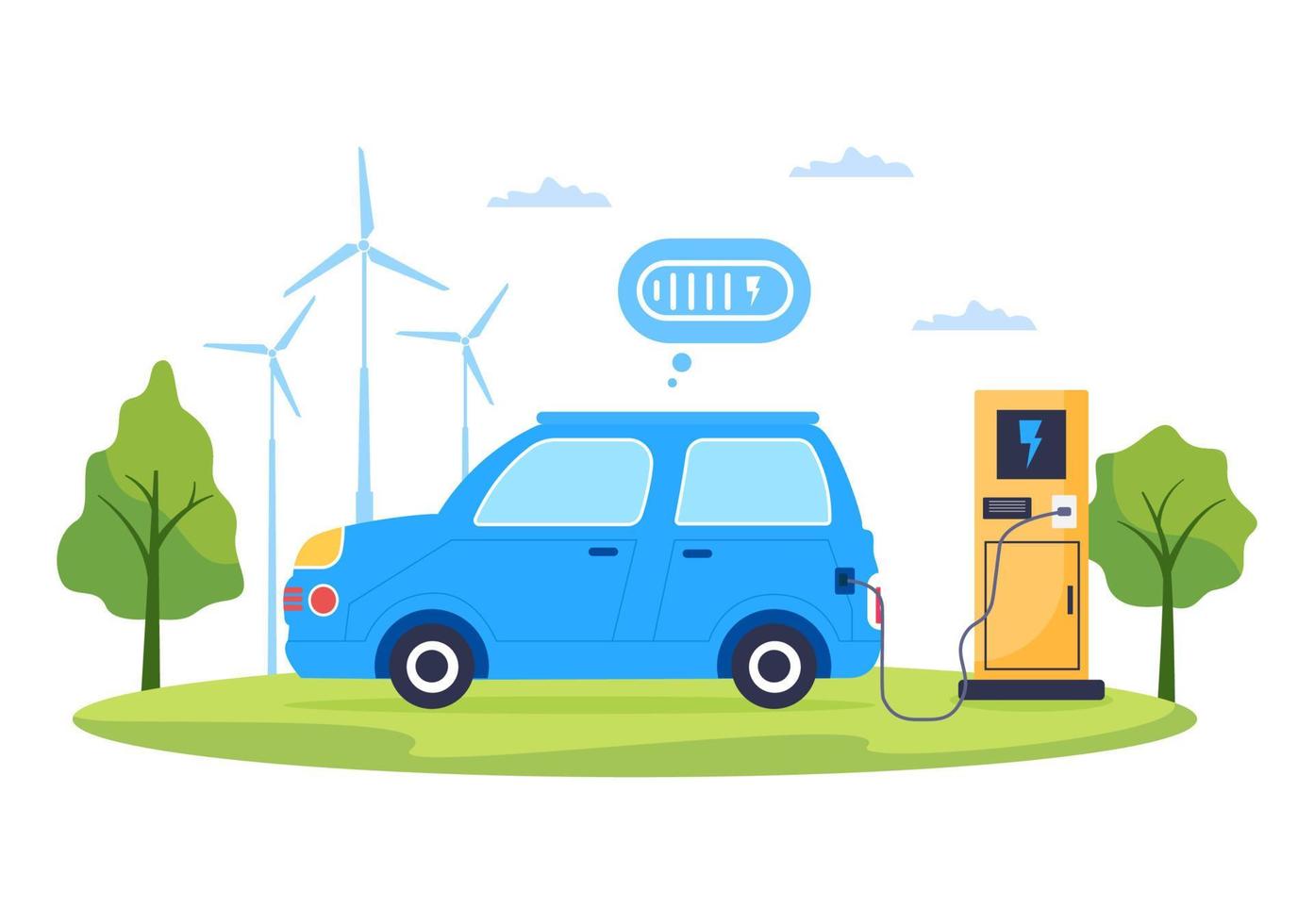 carregar baterias de carros elétricos com o conceito de carregador e plugues de cabo que usam meio ambiente verde, ecologia, sustentabilidade ou ar limpo. ilustração vetorial vetor