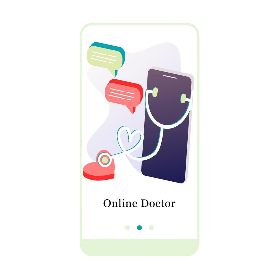 desenho de aplicações para médico online, consulta online, médico virtual, diagnóstico online. design de tela de integração da interface do usuário. Página de modelo de aplicativo móvel onboard 3D isométrico. ilustração vetorial plana moderna vetor