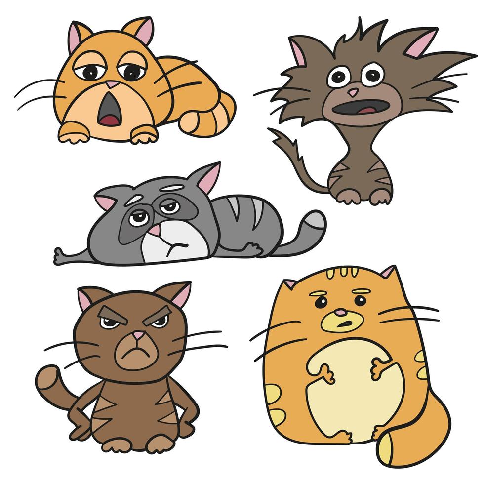 personagens de gatos fofos emoção gorda, zangada, sonolenta, louca e triste. conjunto de vetor