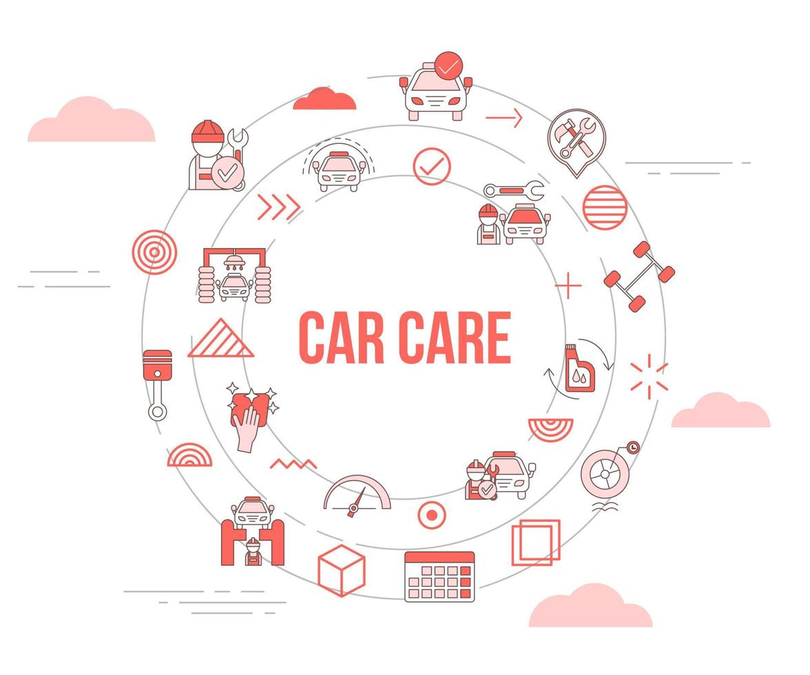 conceito de cuidados com o carro com banner de modelo de conjunto de ícones e forma redonda de círculo vetor