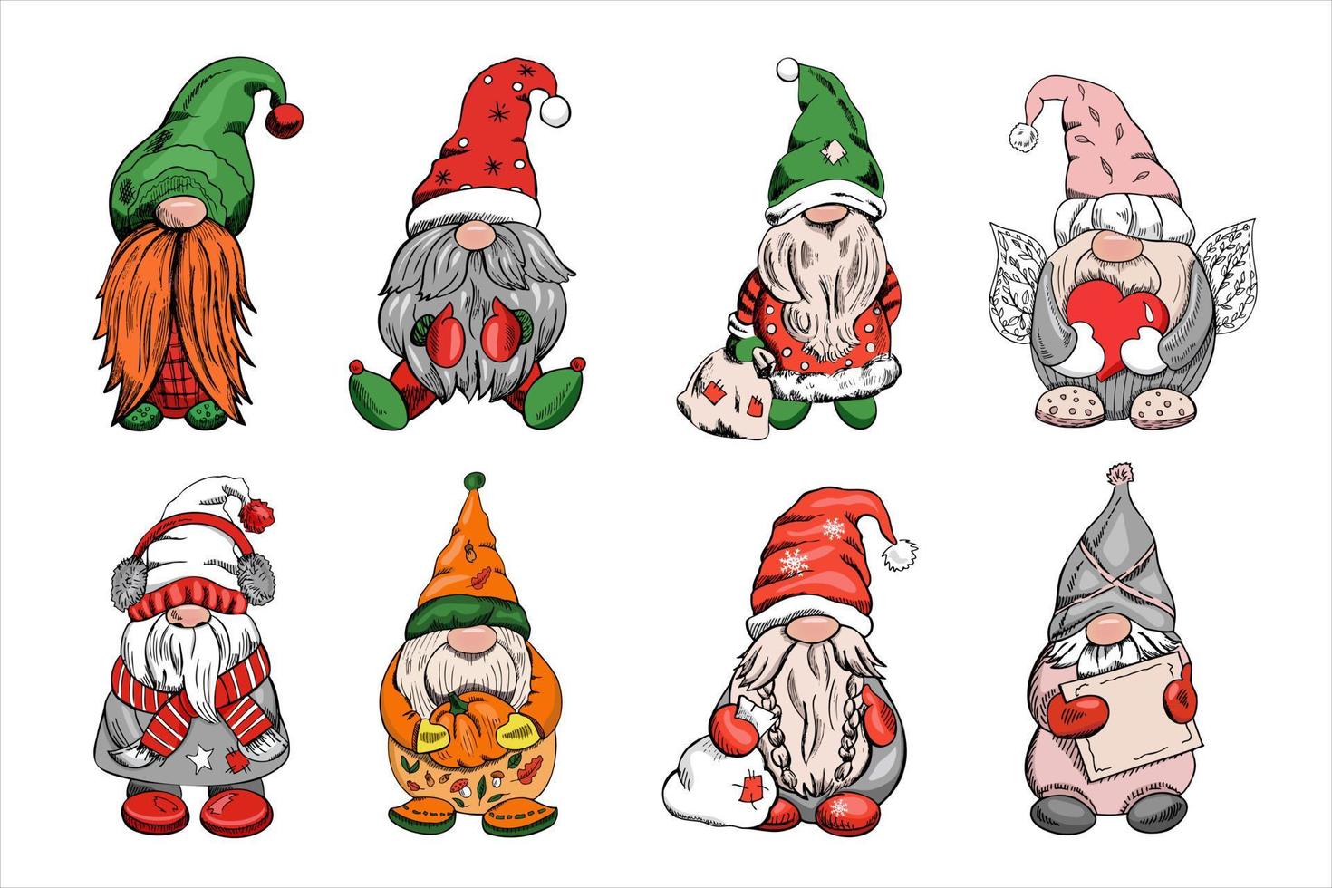 um conjunto de gnomos desenhados à mão para o ano novo, dia dos namorados, dia das bruxas. ilustração em vetor vintage. ano novo e ilustração de Natal. ano novo, dia dos namorados, ilustração de halloween.