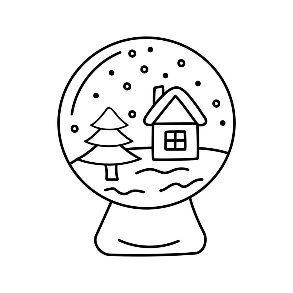 globo de neve de Natal com casa de inverno e árvore de abeto em estilo doodle. vetor