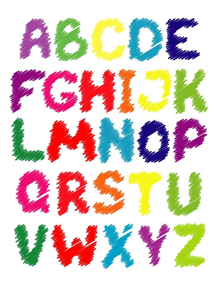 ilustração vetorial. alfabeto colorido desenhado à mão em inglês. vetor
