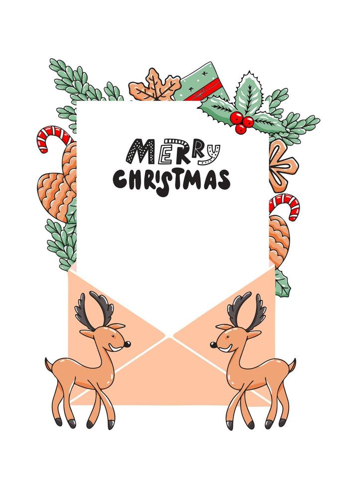 fundo vertical de feliz Natal com envelope e elementos desenhados à mão. ilustração vetorial, modelo vetor