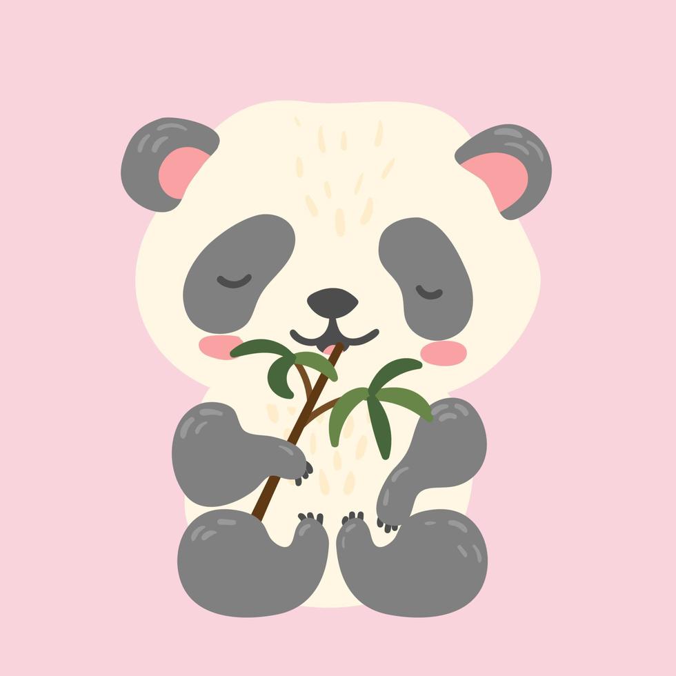 bonito urso panda gigante comendo folhas de bambu. ilustração em vetor plana dos desenhos animados isolada no branco.