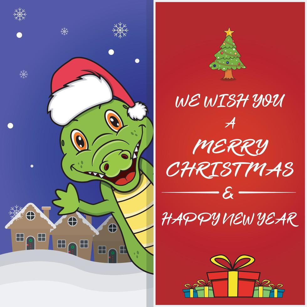 cartão, folheto, convite e cartaz de feliz Natal. bonito design de personagens de crocodilo usando chapéu. vetor