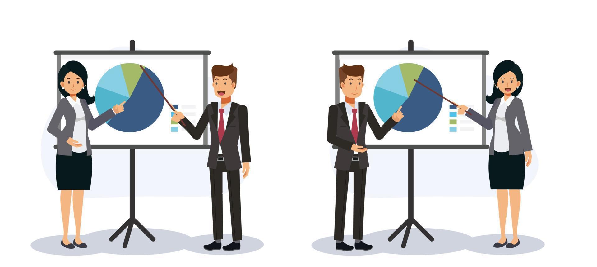 business concept.business people is present thing the project, mostrando graph.flat vector 2d cartoon character illustration.