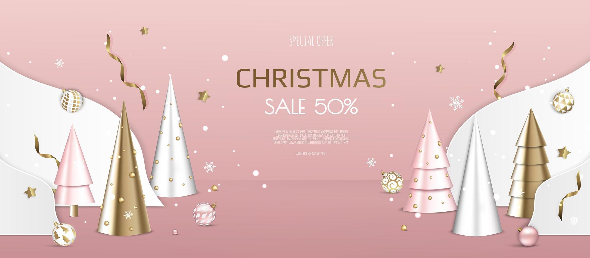 banner de natal. projeto do Natal do fundo com bolas de Natal, confetes de ouro, árvore de Natal. cartaz horizontal de ano novo, cartão, cabeçalho, site. vetor