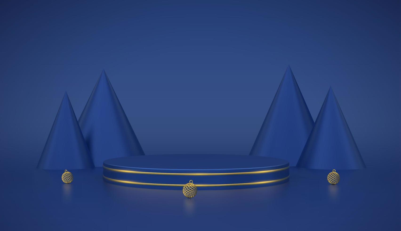 pódio redondo azul. cena e plataforma 3d com círculo de ouro, bolas de Natal e árvores de pinha sobre fundo azul. conceito de pedestal em branco. design de Publicidade. show e modelo de venda. vetor realista.