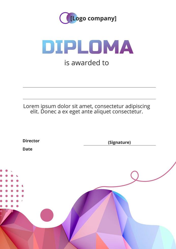 modelo de diploma multicolorido poligonal com abstrações. diploma plano do vencedor de competições esportivas, científicas e educacionais. vetor