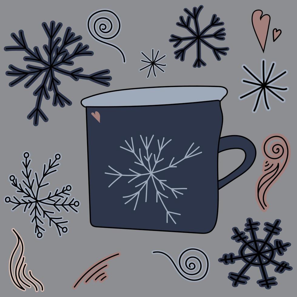 caneca doodle fofa com floco de neve e coração, elementos de doodle em tons de azul e rosa, ilustração em vetor desenho à mão