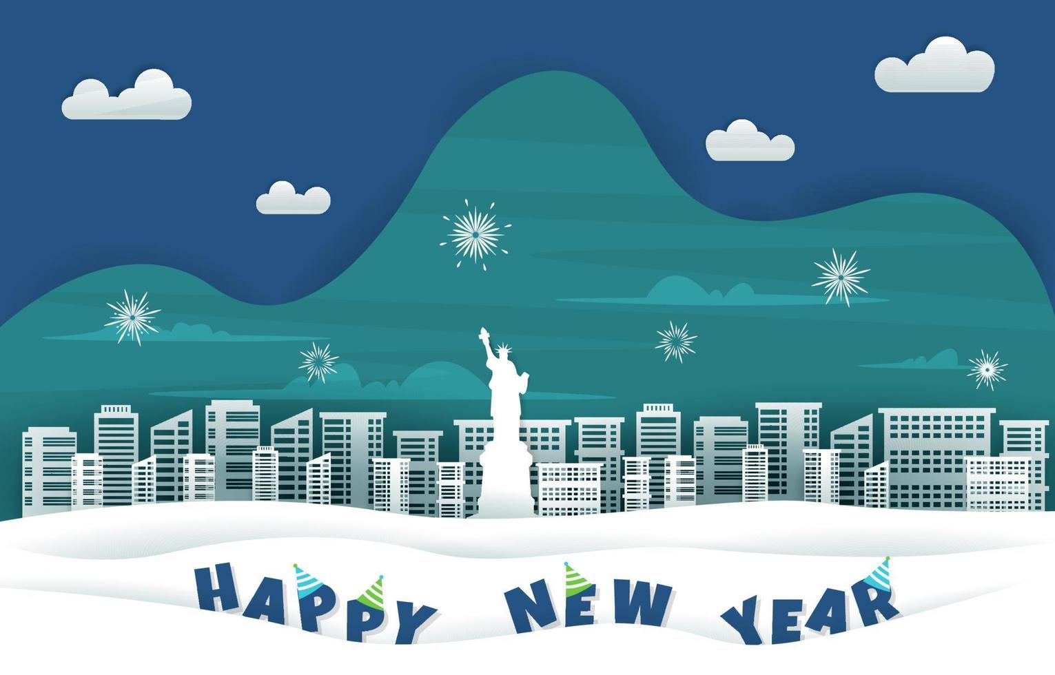 New York Fireworks City Edifício Inverno Ano Novo Paper Cut Ilustração vetor