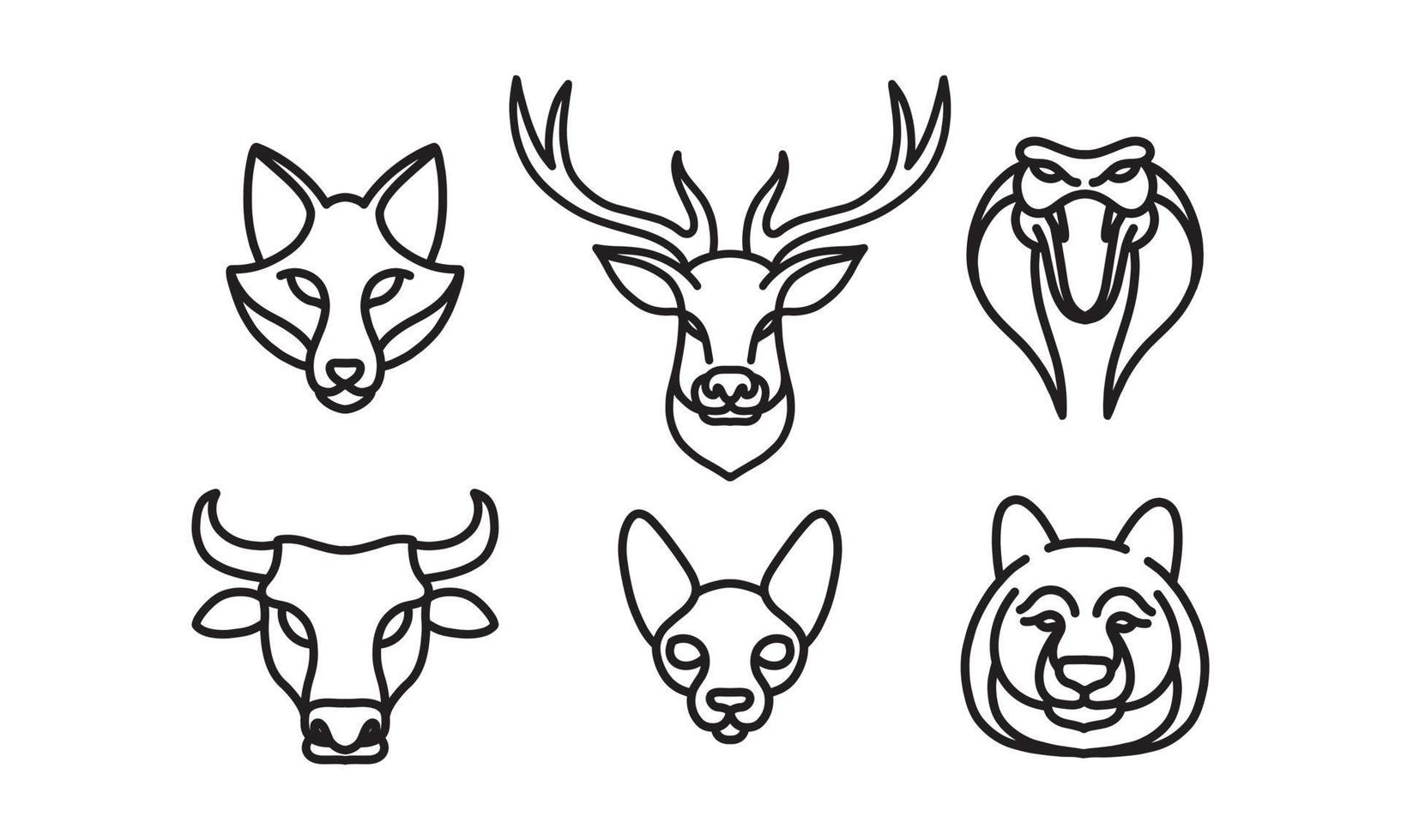 conjunto de 6 cabeças de animal selvagem, ícone de linha de vetor de animal, arte de linha de vetor de cabeça de animal, ilustração de animal isolado