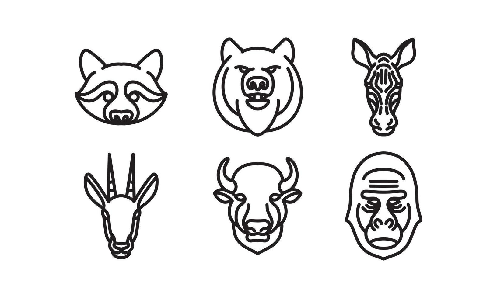 ícone de linha de vetor de animal, arte em linha de vetor de cabeça de animal, ilustração de animal isolada, conjunto de 6 cabeças de animal