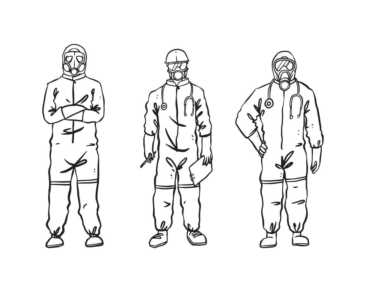 conjunto de ilustração da equipe médica em ppe para proteger contra infecções de surto de vírus, como covid-19, ebola e sars. mão isolada desenhada em ilustração vetorial de estilo de linha fina vetor