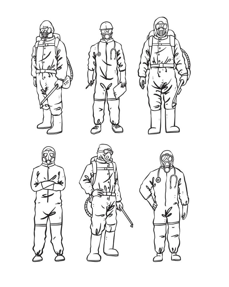 conjunto de equipe médica em ppe para proteger contra infecções de surto de vírus, como covid-19, ebola e sars. mão isolada desenhada em ilustração vetorial de estilo de linha fina vetor