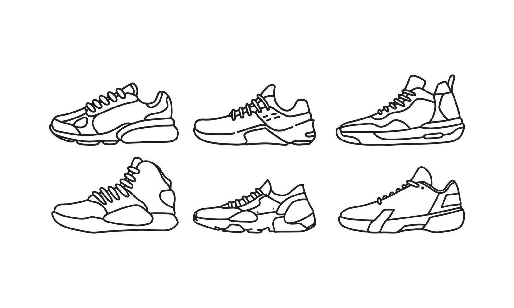 conjunto de sapatos de esportes e estilos de vida, coleção de mão desenhada de vetor de tênis, ícone de linha de sapatos. nova ilustração de calçados para esporte e elemento de design de marca