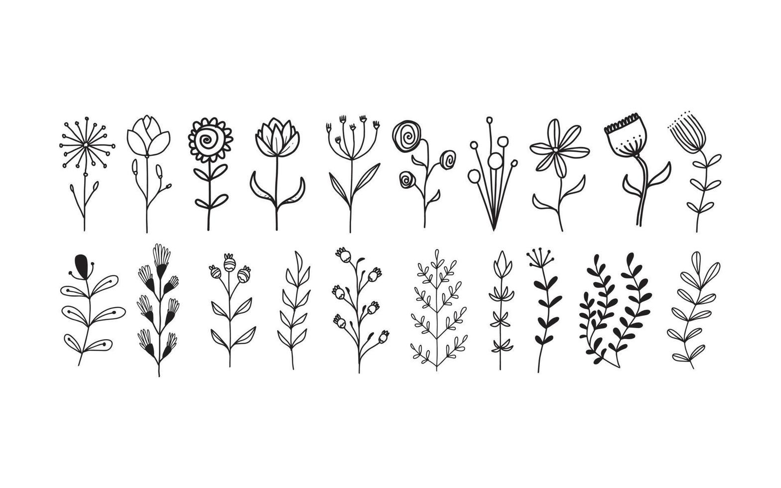 conjunto de elementos florais desenhados à mão para o seu design, ilustração de folhas e flores para criar design romântico ou vintage, gráfico isolado de plantas muito fácil de adicionar ao seu projeto de design vetor