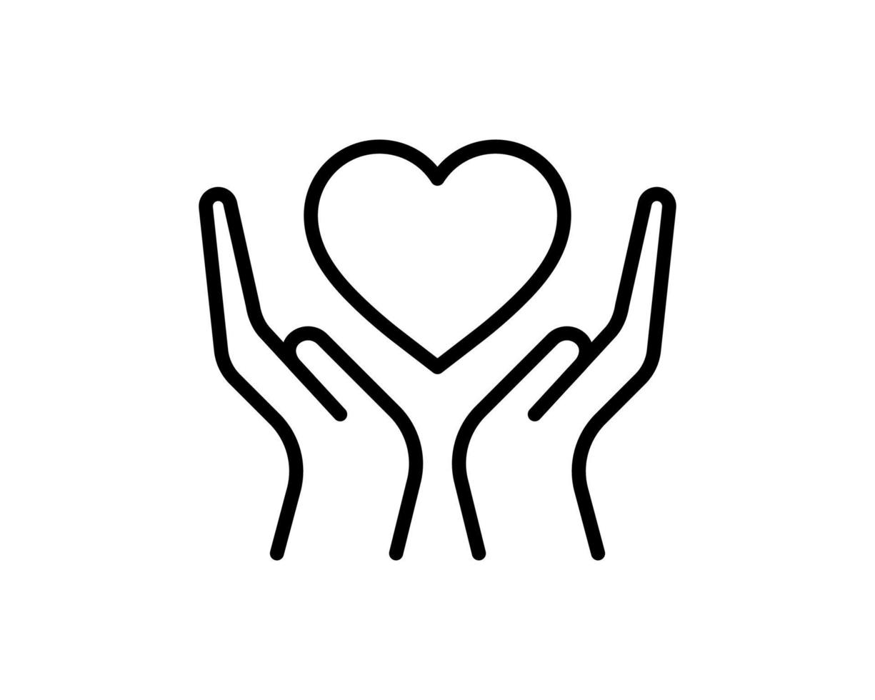 ícone de linha de coração na mão, sinal de vetor de contorno, pictograma linear isolado no branco. símbolo de saúde, amor e relacionamento, ilustração do logotipo. conceito de ícone de linha de caridade e doação