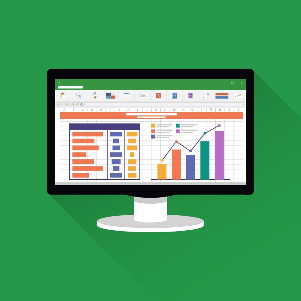 planilha no ícone plano da tela do computador. conceito de relatório de contabilidade financeira. coisas de escritório para planejamento e contabilidade, análise, auditoria, gerenciamento de projetos, marketing, ilustração vetorial de pesquisa. vetor