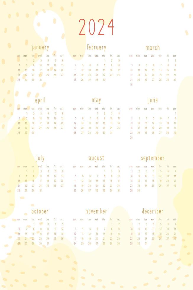 Calendário 2024 definido para planejador pessoal e notebook. quente amarelo mão desenhada pontos e pontos abstratos, estilo bonito concurso delicado. semana começa no domingo vetor