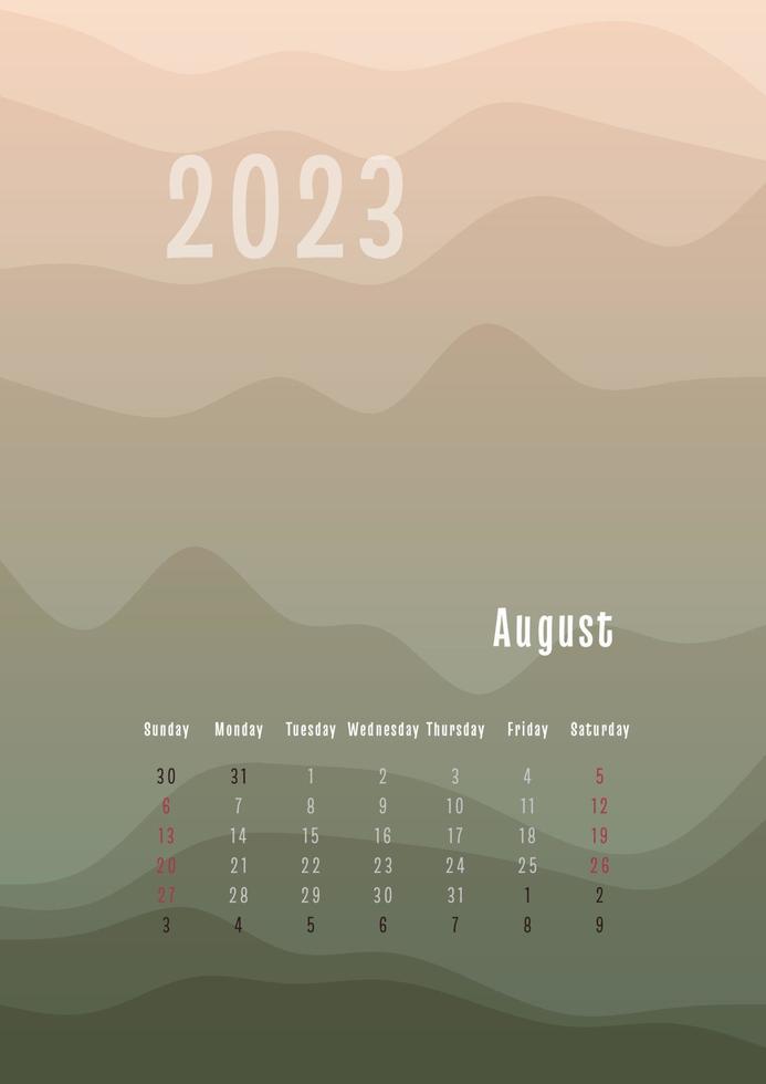 Calendário vertical de agosto de 2023 a cada mês separadamente. modelo de planejador pessoal mensal. silhueta de pico abstrato gradiente colorido fundo, design para impressão e digital vetor