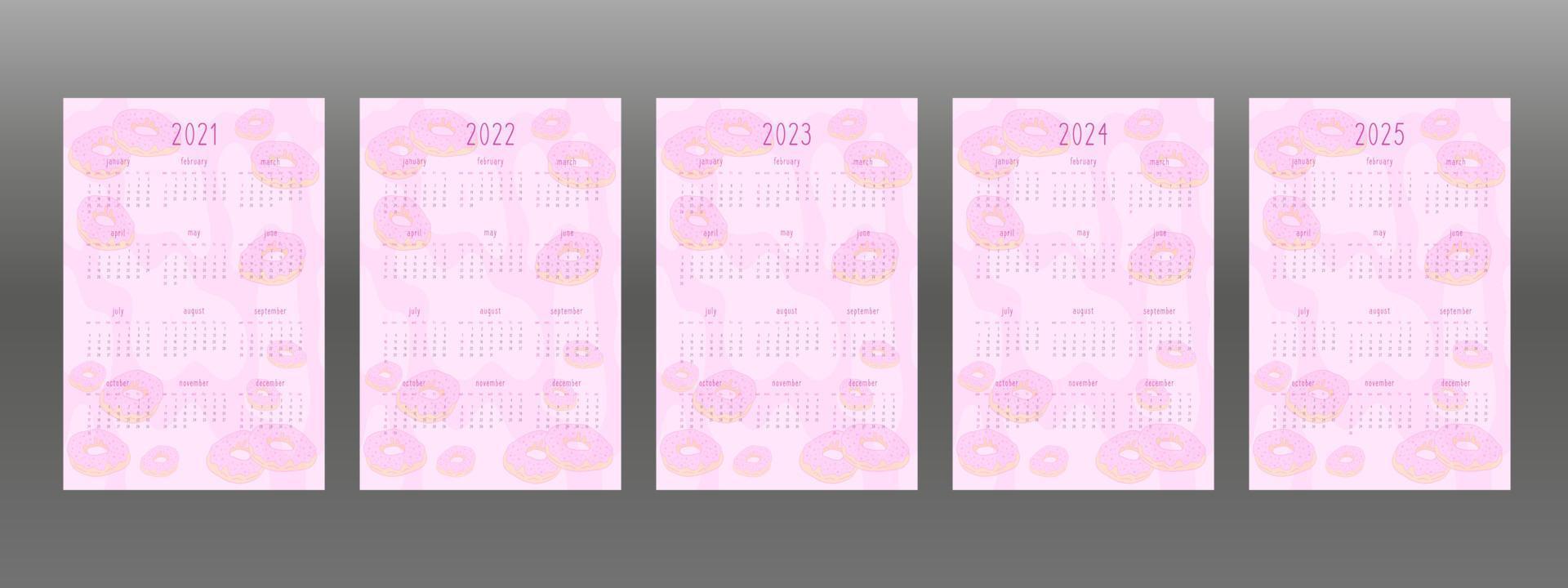 2021 2022 2023 2024 2025 Conjunto de calendário para planejador pessoal e caderno. rosquinhas rosa com cobertura de creme, estilo infantil feminino bonito dos desenhos animados. semana começa no domingo vetor