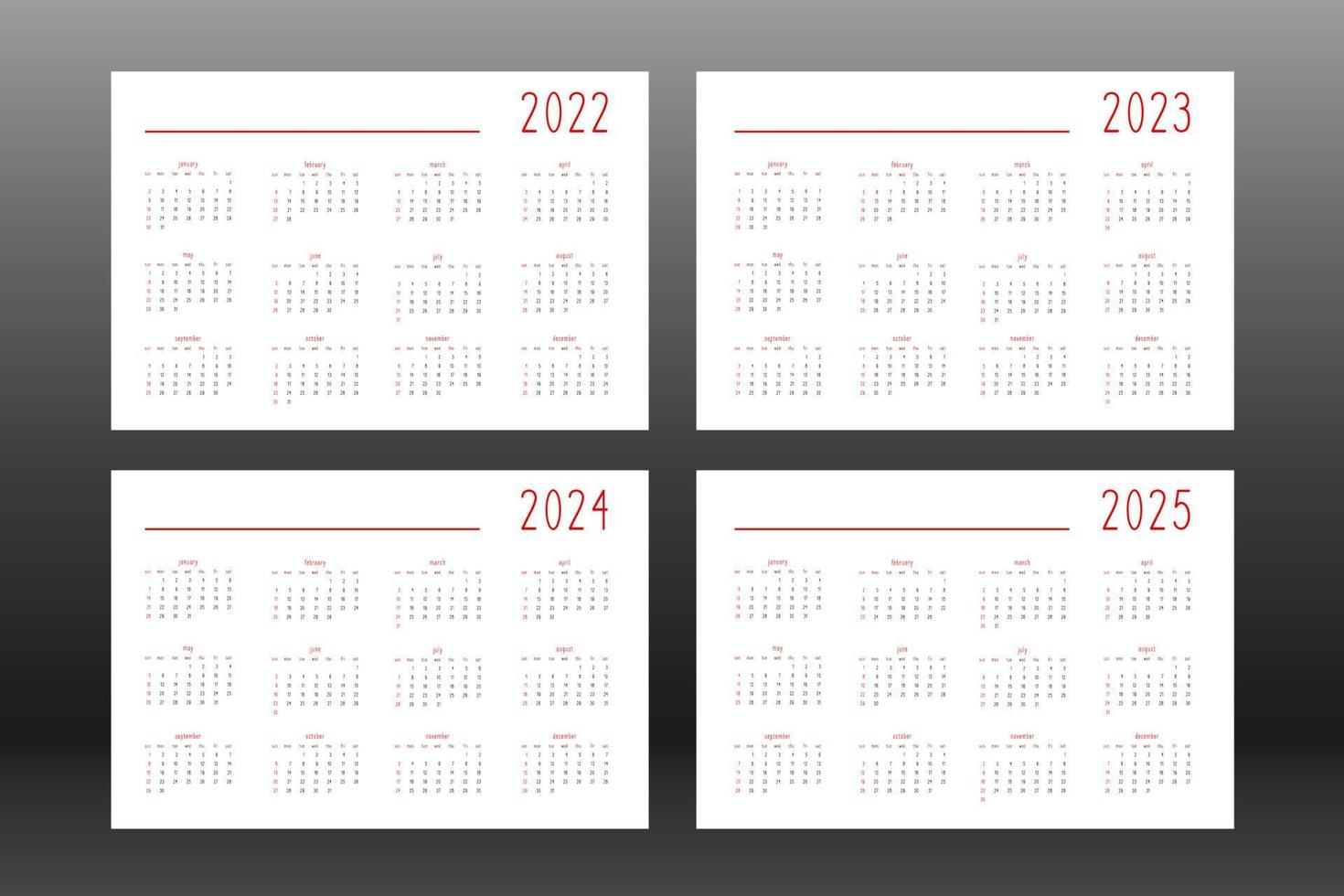 2022 2023 2024 2025 calendário para agenda de planejamento pessoal, estilo minimalista fofo. calendário de programação individual para notebooks. semana começa no domingo vetor