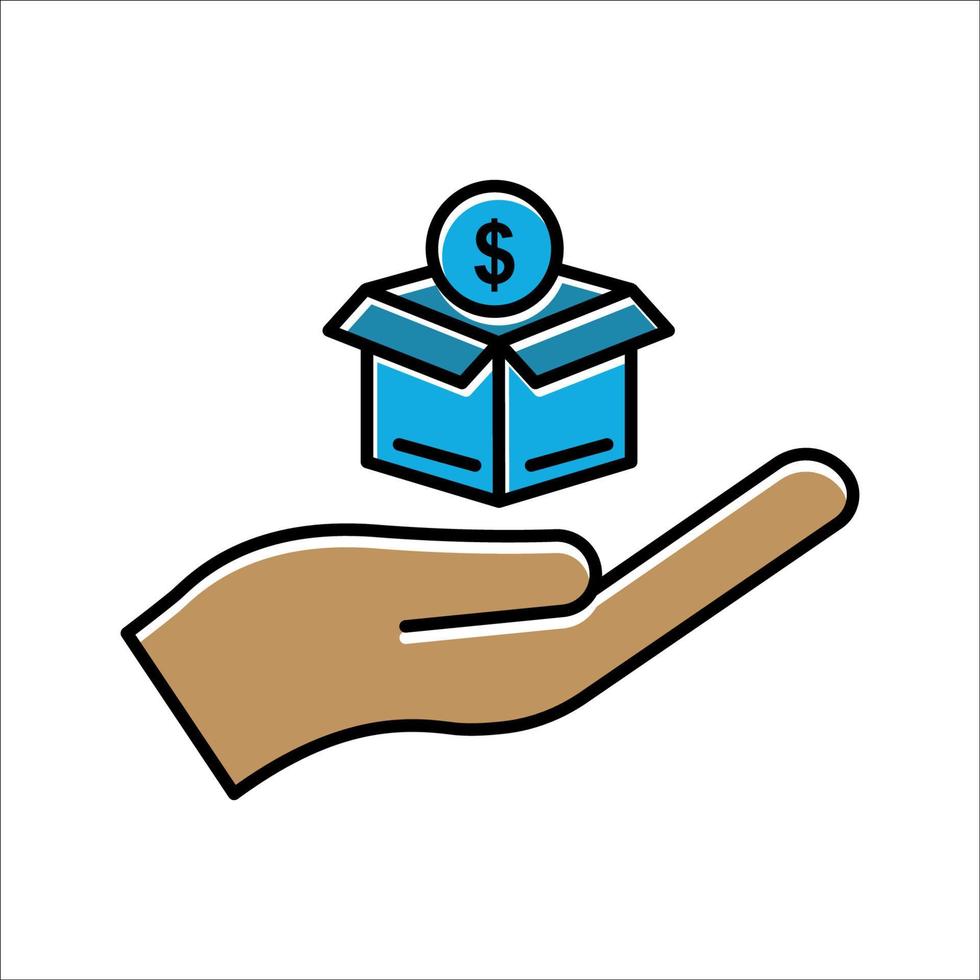 ícone de cor linear de mão com caixa e dólar. símbolo de caridade, doação, humanidade. curso editável. vetor de modelo de design