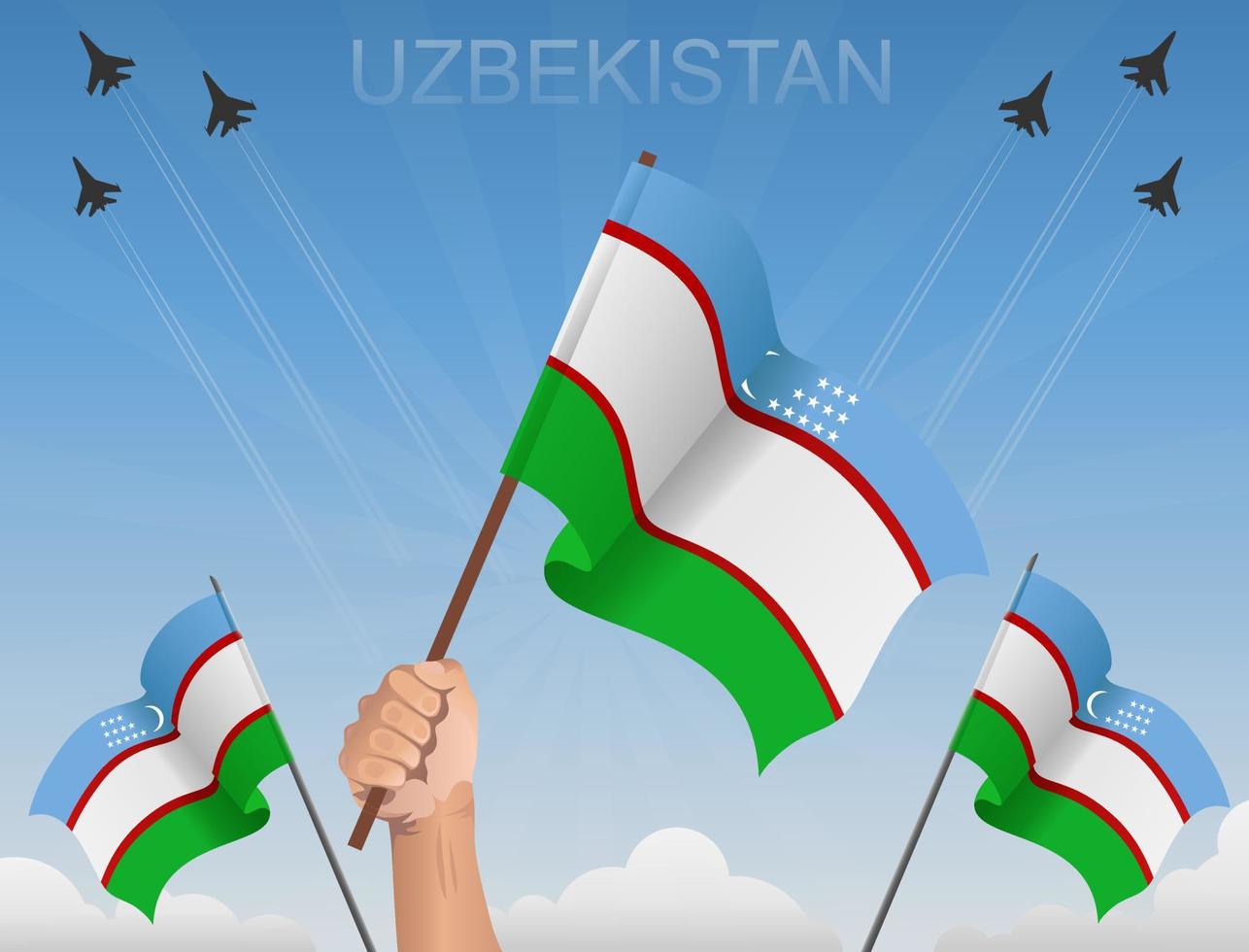 Bandeiras do uzbequistão voando sob o céu azul vetor