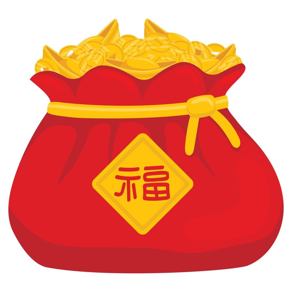 bolsa grande vermelha chinesa da boa sorte com moedas de ouro e lingotes vetor