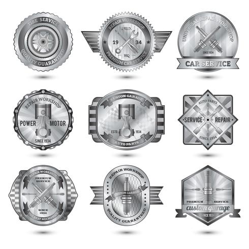 conjunto de emblemas de metal de oficina de reparação vetor