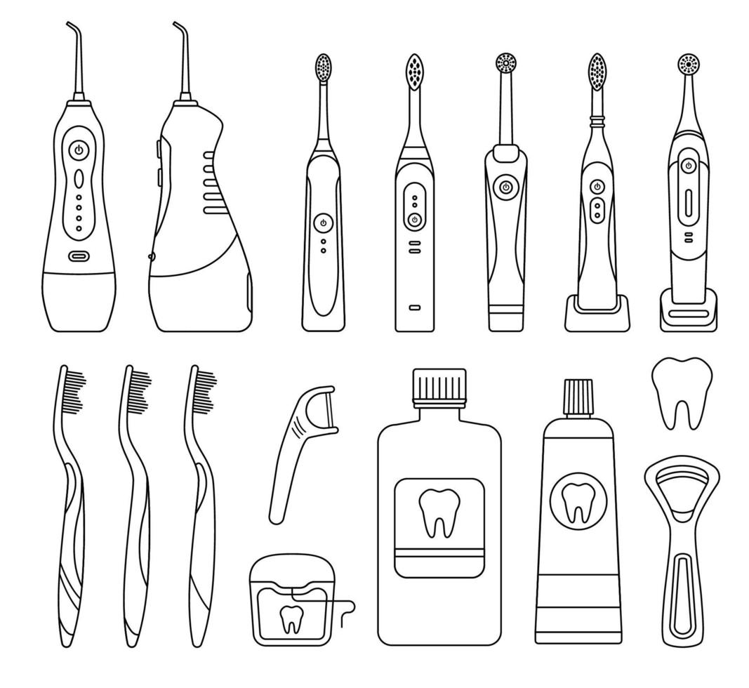 conjunto de contorno de vetor de ferramentas de limpeza dentária e produtos de higiene bucal. escova de dentes elétrica e irrigador