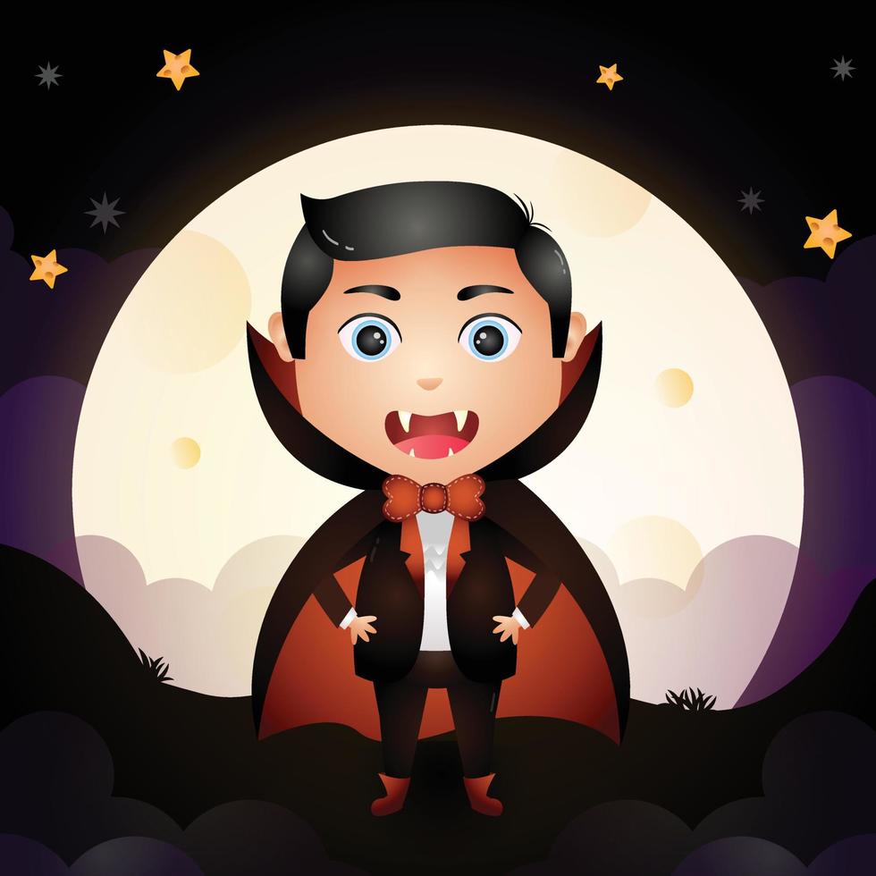 ilustração de um lindo desenho animado jovem drácula de halloween em pé em frente à lua vetor