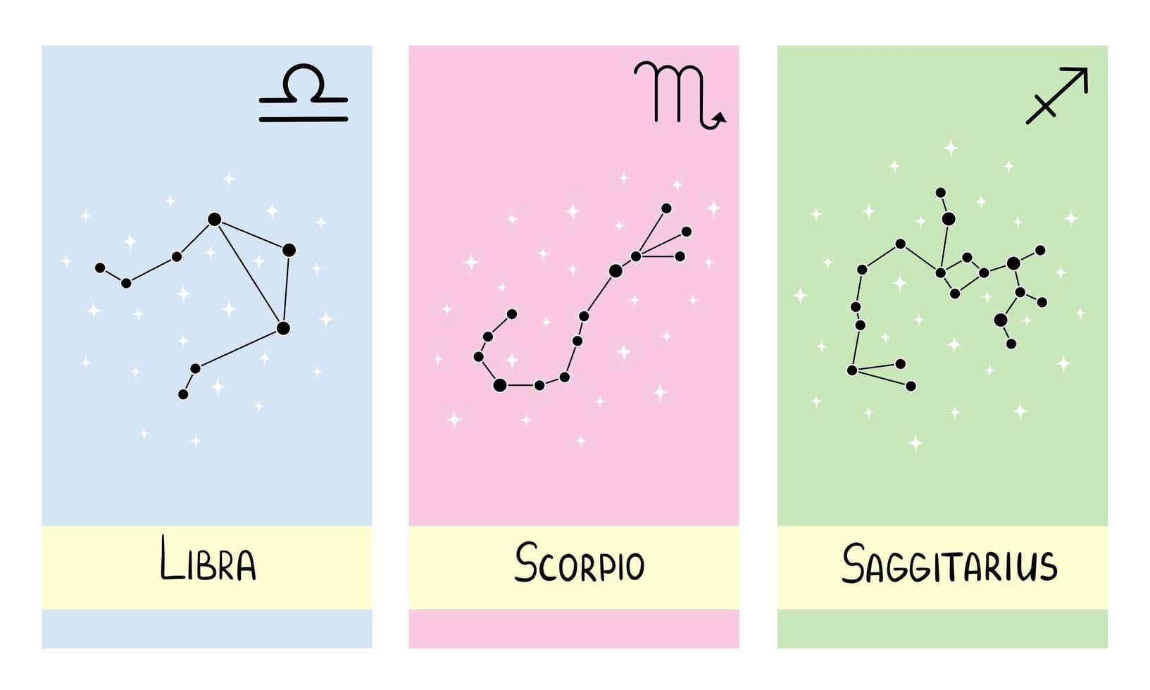 constelação de estrelas do zodíaco libra, escorpião, saggitarius. ilustração para impressão, planos de fundo, papéis de parede, capas, embalagens, cartões comemorativos, cartazes, adesivos, têxteis e design sazonal. vetor