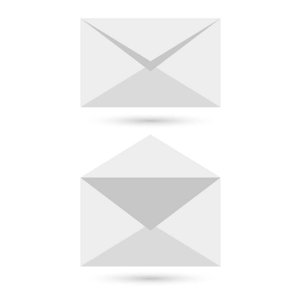 dois envelopes em branco - abertos e fechados, com sombras suaves, em fundo cinza vetor