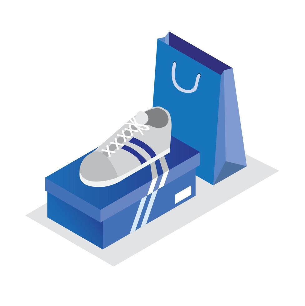 tênis esportivos brancos com caixa azul e ilustração isométrica do vetor editável da sacola de compras