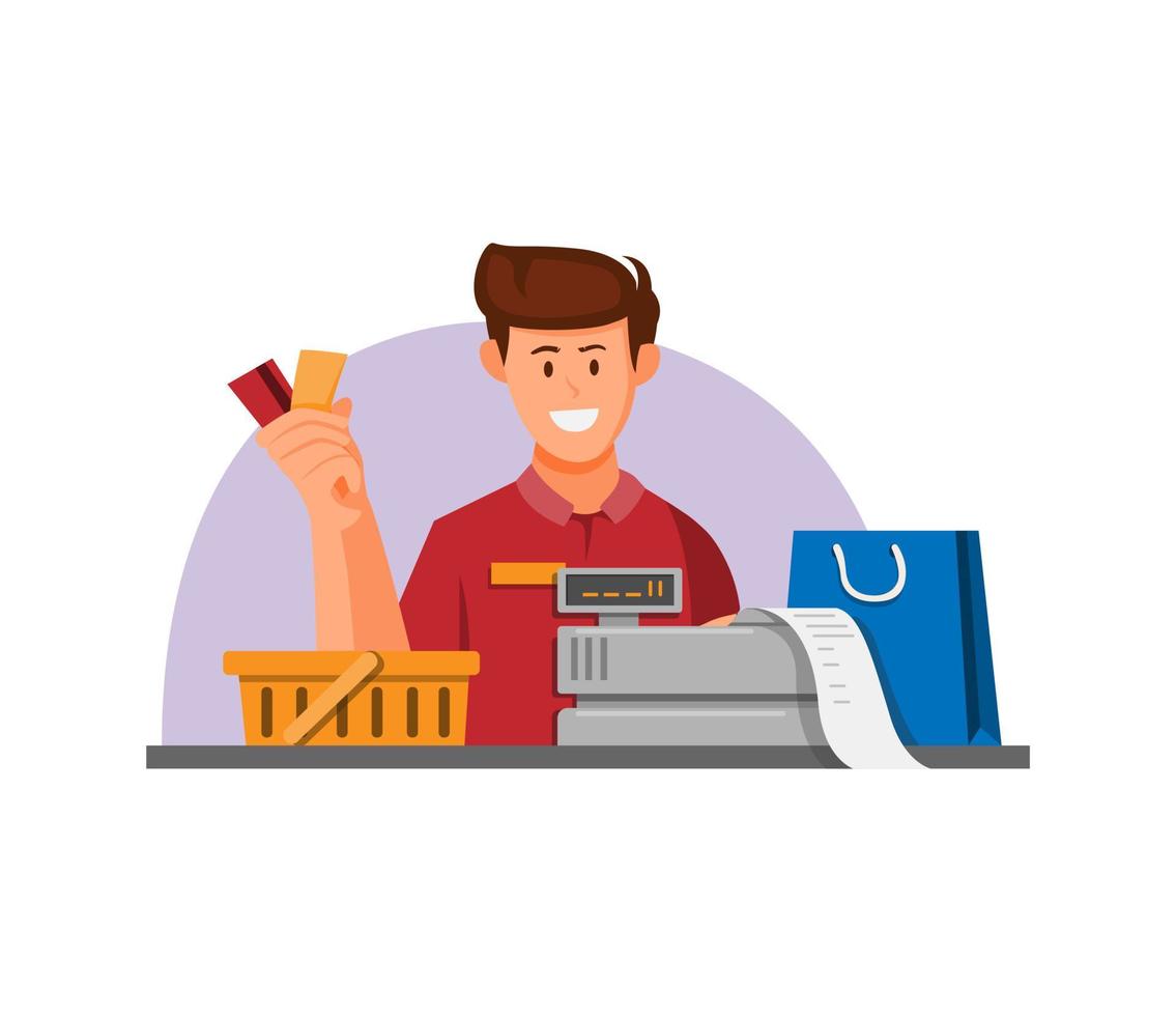 trabalhador de caixa com cartão de crédito de cupom para conceito de símbolo de pagamento em vetor de ilustração de desenho animado