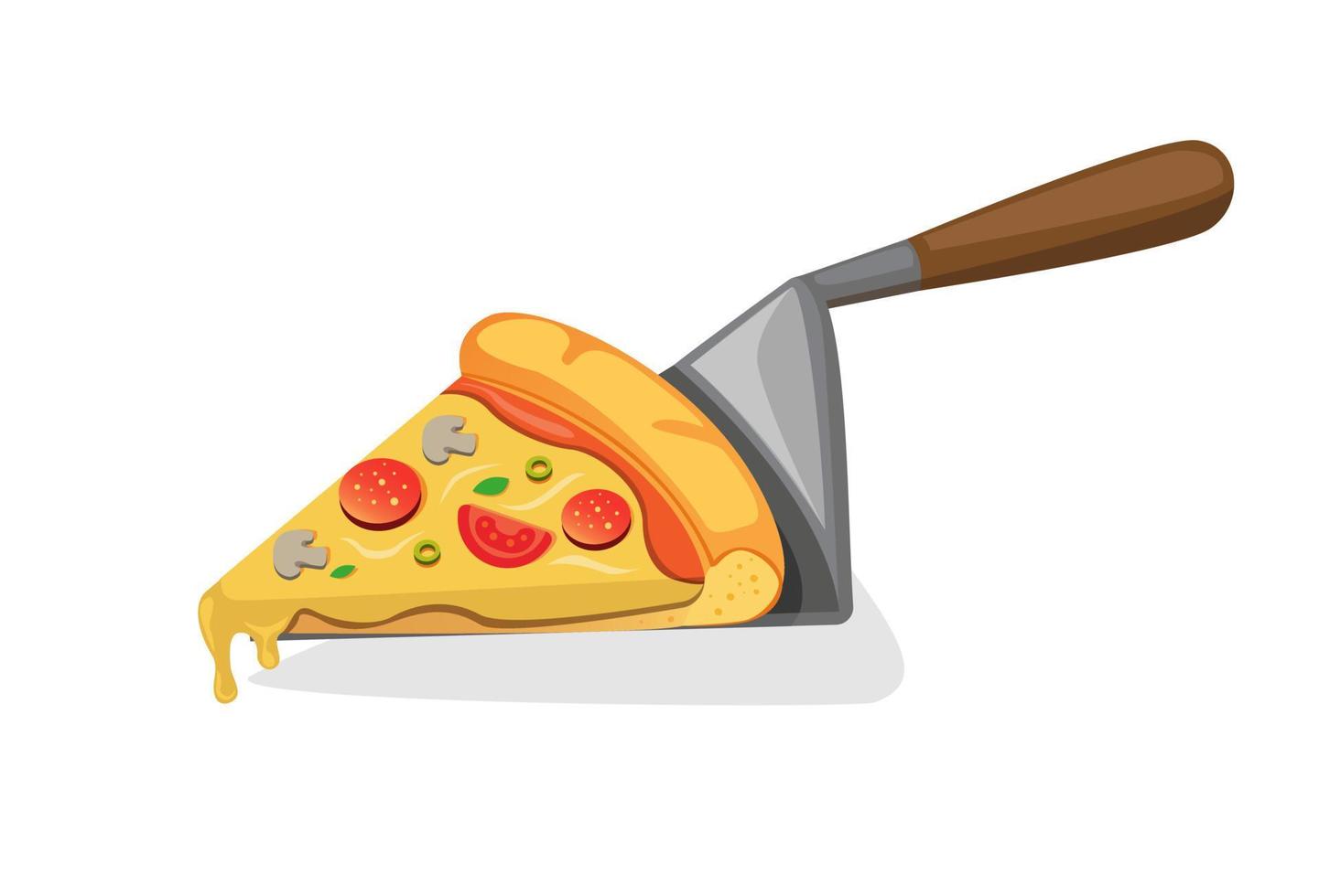 fatia pizza na espátula em vetor de ilustração plana de desenho animado isolado no fundo branco