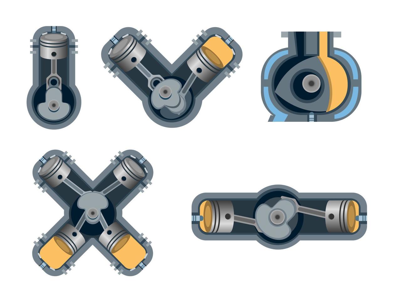 conjunto de coleta de motor de carro. motor inline, rotativo, boxer v e x em vetor de ilustração de conceito de símbolo de raio X