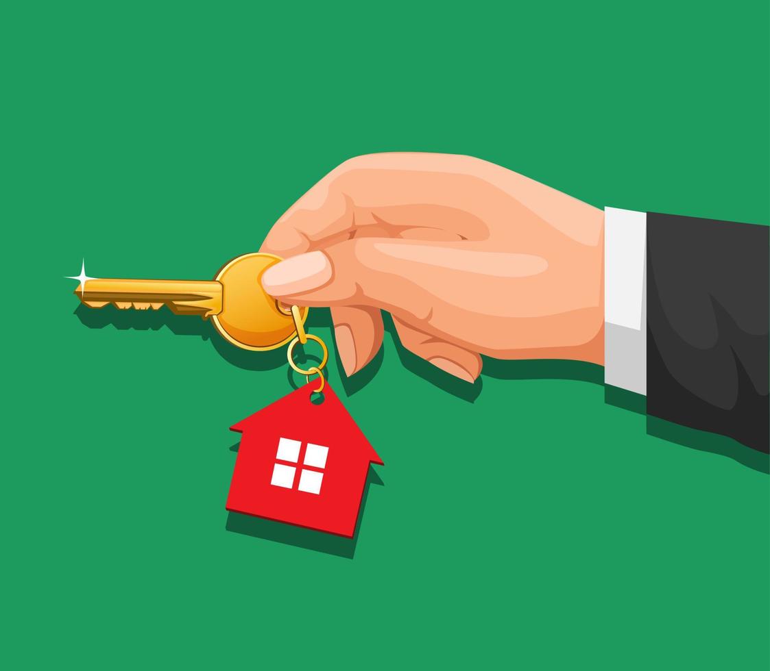 mão segurando o símbolo da casa chave para o conceito de negócio de marketing imobiliário de propriedade na ilustração dos desenhos animados. vetor