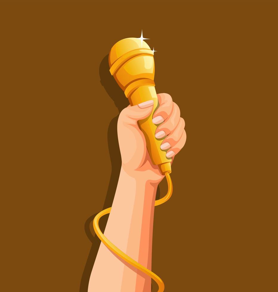 mão segurando o microfone dourado. conceito de símbolo musical cantor em vetor de ilustração dos desenhos animados