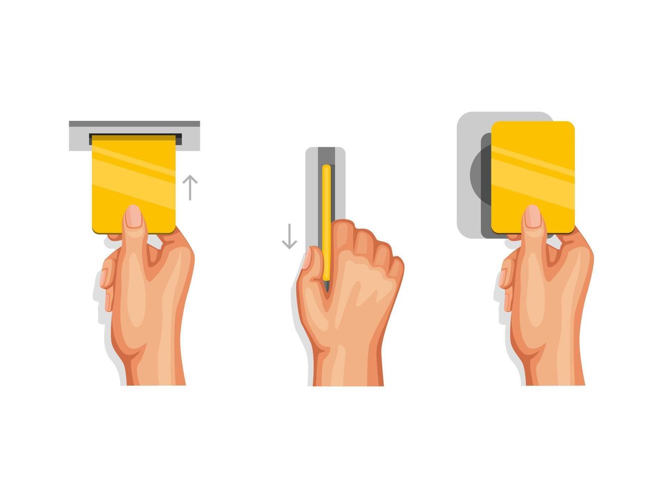 mão usando as instruções do cartão de crédito ou débito, toque e deslize o símbolo do conjunto de símbolos de ilustração dos desenhos animados vetor
