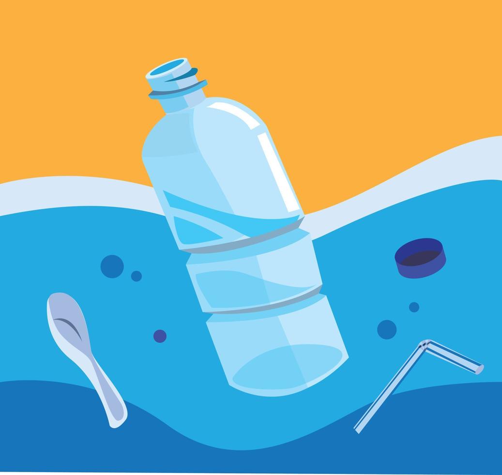 garrafa de plástico e lixo poluído com água do mar, sem campanha de plástico em vetor de ilustração plana