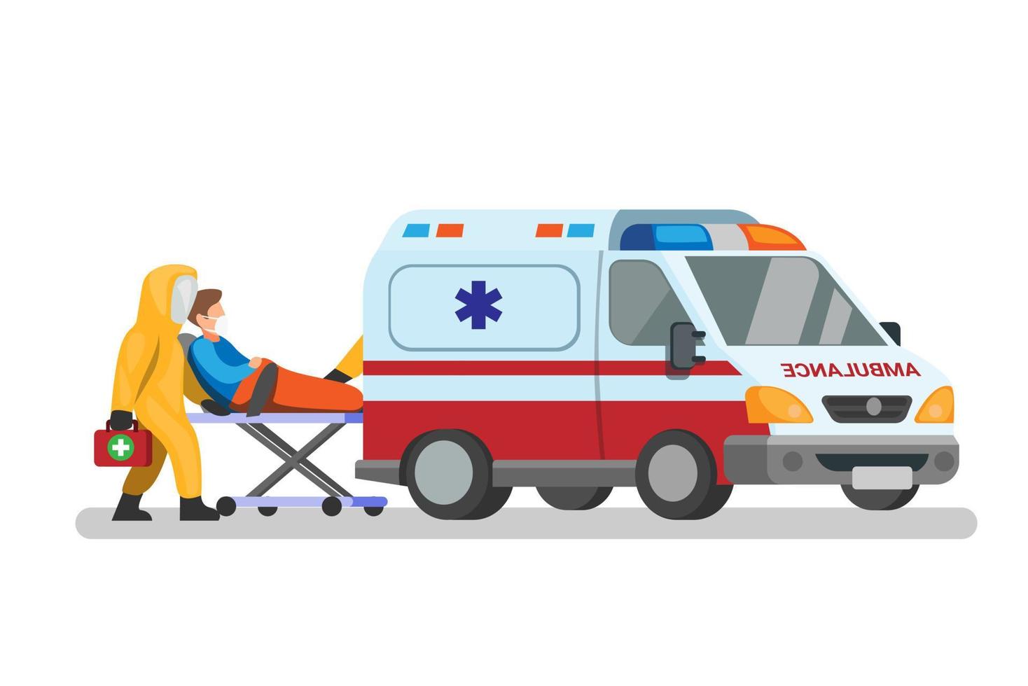 ambulância, carro de emergência com médico usar terno hazmat, conceito de transporte do paciente para o hospital na ilustração dos desenhos animados, vetor isolado no fundo branco
