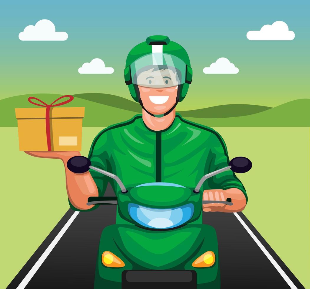 pacote de entrega de moto de correio para transporte on-line do cliente em close-up view cartoon illustration vector