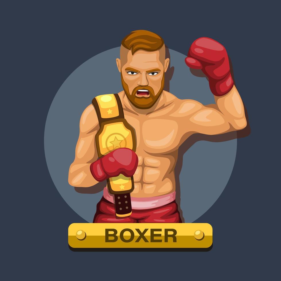 boxeador, atleta de boxe com conceito de personagem do cinturão de campeonato em vetor de ilustração de desenho animado