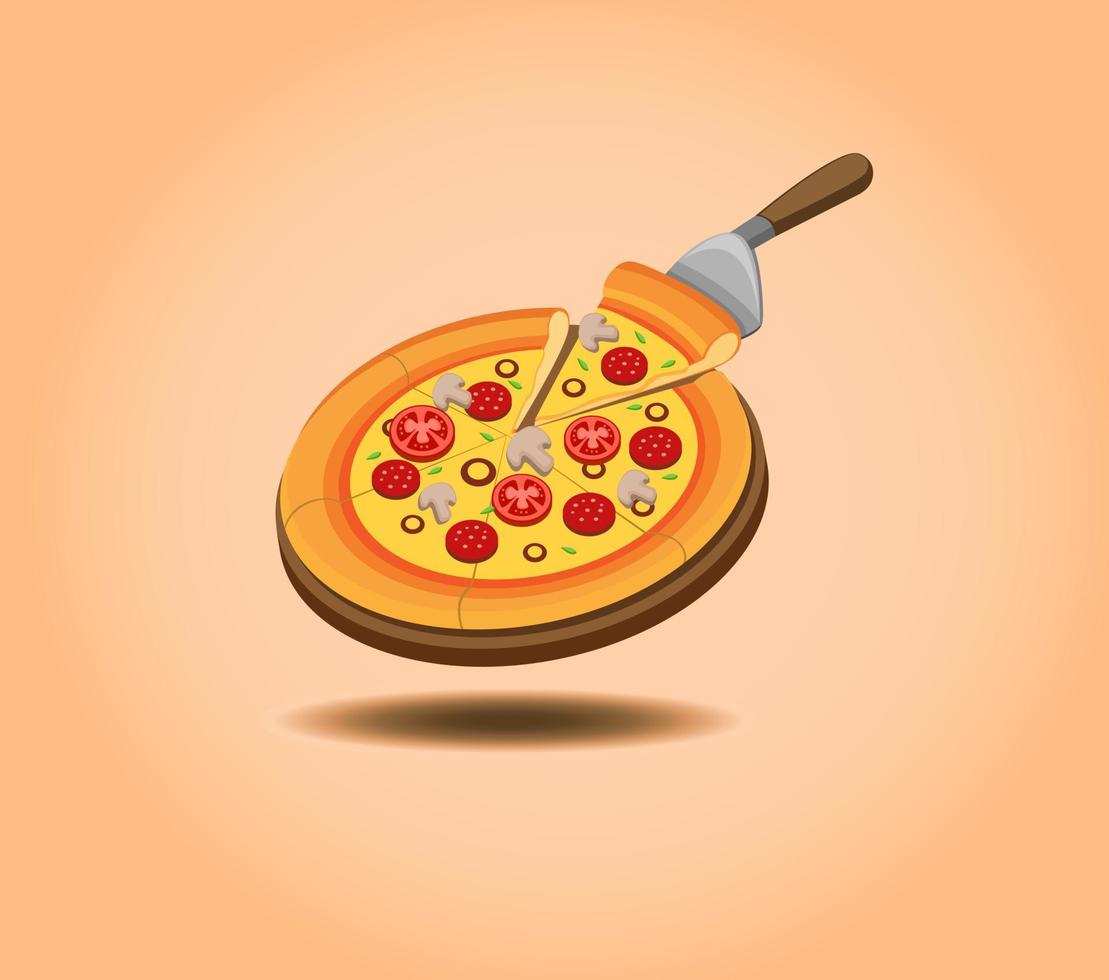 Pizza deliciosa em uma bandeja de mesa de madeira pronta para comer, promoção de menu de pizza em vetor de ilustração de desenho animado em fundo gradiente