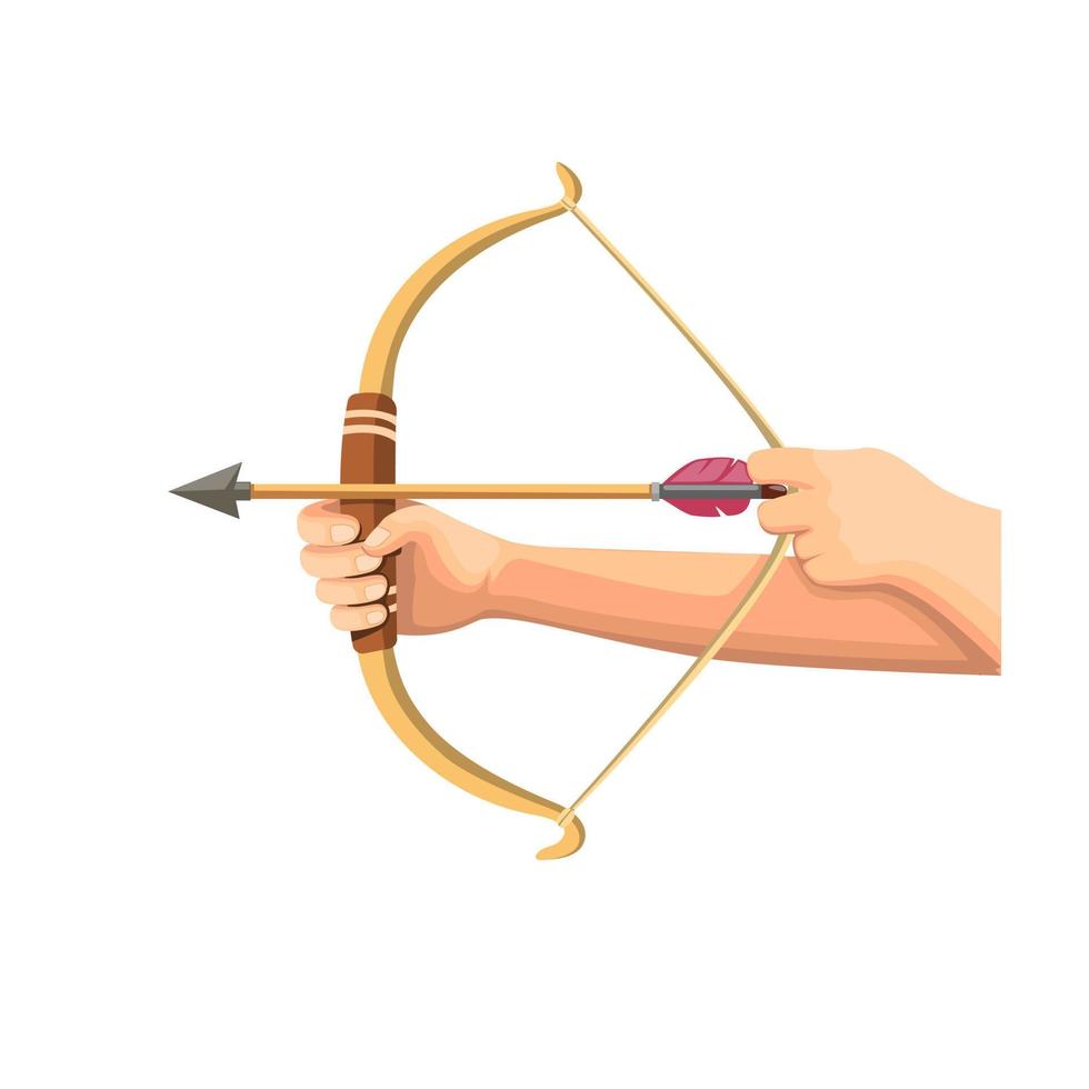 flecha de arco apontando pronta para o alvo de tiro. esporte tradicional de arco e flecha de madeira em vetor de ilustração de desenho animado