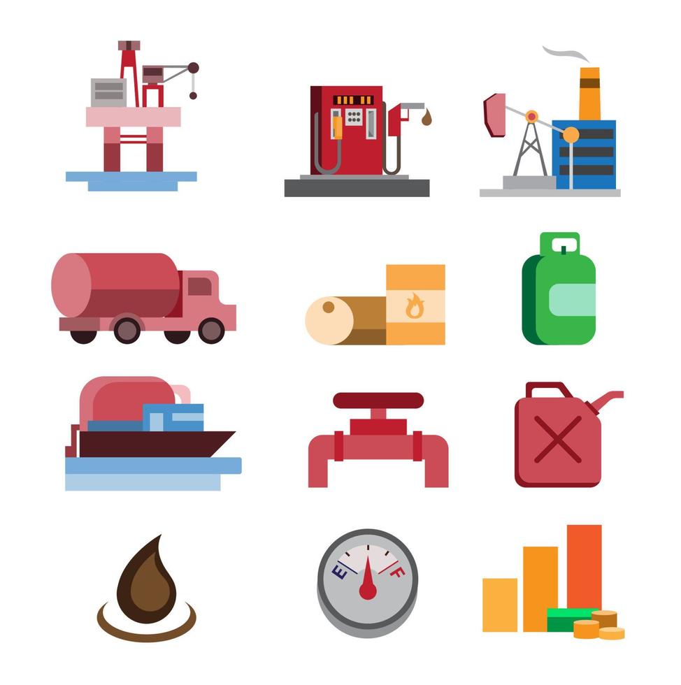 Conjunto de ícones da indústria de petróleo e gás, gasolina, posto de gasolina, ilustração plana de refinaria de petróleo vetor